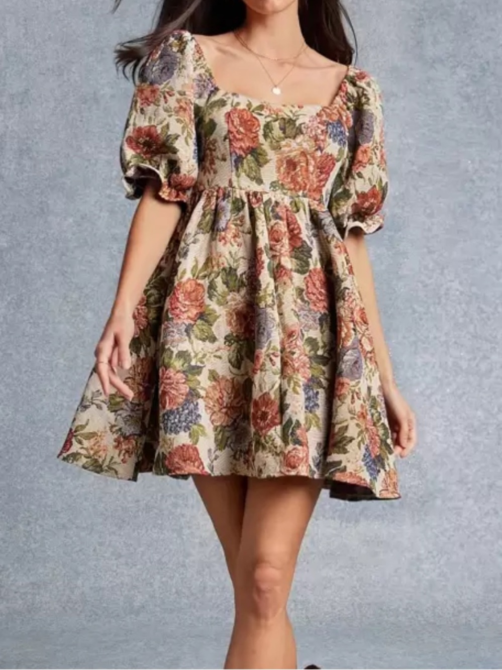 SHEIN Floral Puff-Sleeve Mini Dress in Cream, Rose, Olive & Blue